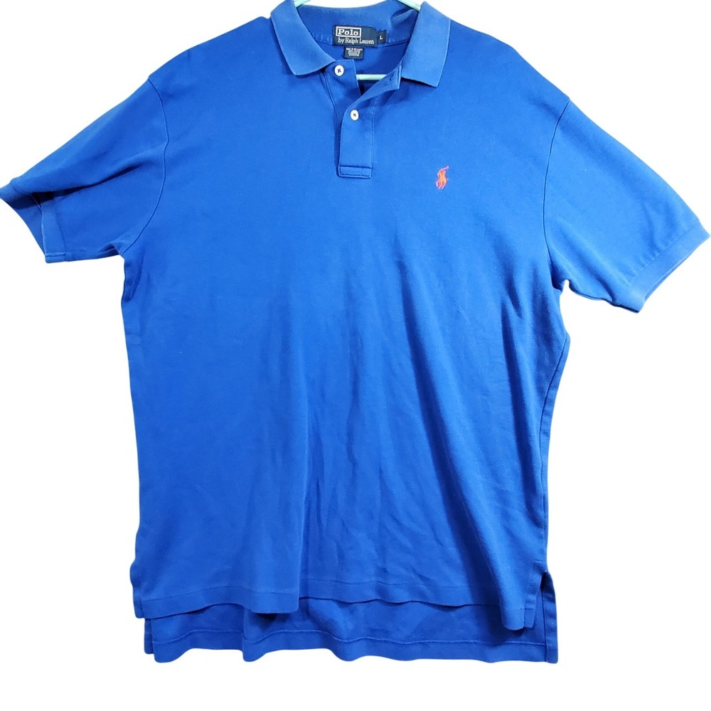Polo Ralph Lauren Mens Large Blue Cotton Short Sleeve Polo Shirt Orange Pony